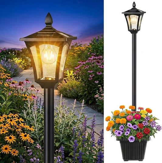 Benany 76" Solar Lamp Post Lights with Planter, Glass & Metal Street Light Outdoor Waterproof, 60 Lumens Dusk to Dawn Solar Pole Light for Garden, Yard, Driveway, Porch, Patio, Warm White