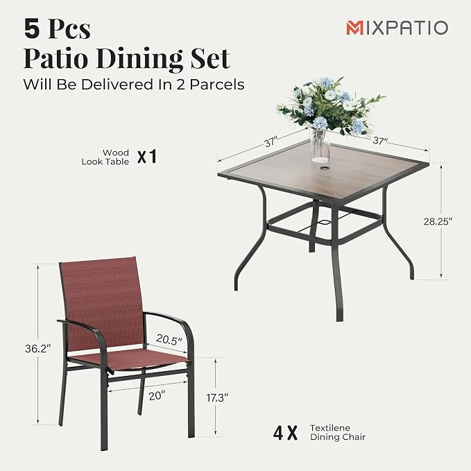 MIXPATIO 5 Pieces Patio Table and Chairs Set, 4 Person Outdoor Dining Furniture Set, 4 Red Textilene Chairs and 37" Wood-Like Table Top Table with Umbrella Hole, for Deck Backyard Lawn