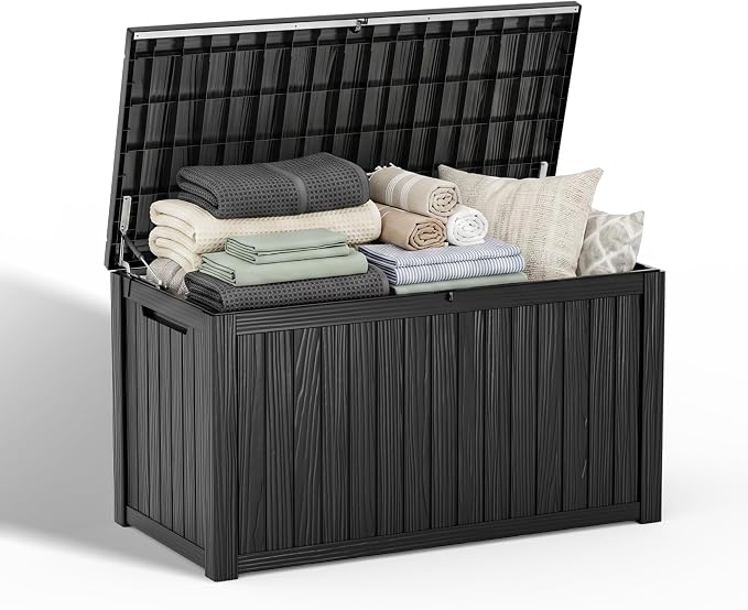 DRATO 200 Gallon Outdoor Storage Box Waterproof, Large Resin Lockable Outdoor Deck Box with Lid, Weatherproof Container for Patio Furniture Cushions, Garden Tools, Pool Accessories (Black, 200 Gallon)