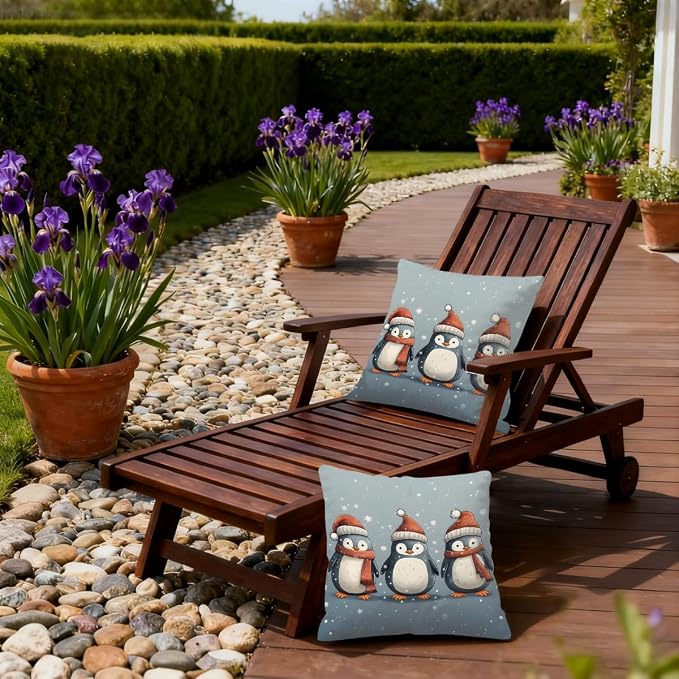 22x22 Inch Outdoor Pillow Covers Set of 2 Waterproof Throw Pillow Covers Decorative Couch Cushion Covers Christmas Penguin Square Pillowcases Protectors for Patio Garden Sofa