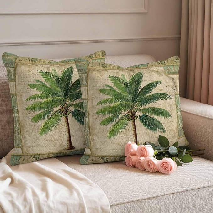 Summer Palm Trees Outdoor Pillow Covers 20"x20" Set of 2, Green Tropical Leaves Retro Boho Vintage Texture Waterproof Throw Pillow Covers for Patio Furniture, Decorative Cushion Covers for Porch