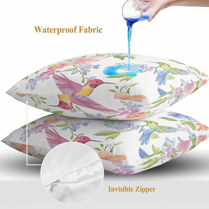 Spring Hummingbird Outdoor Waterproof Throw Pillow Covers Set of 2, 20"x20", Colorful Birds Floral Decorative Pillow Covers Outside Cushion Case for Patio Porch Garden