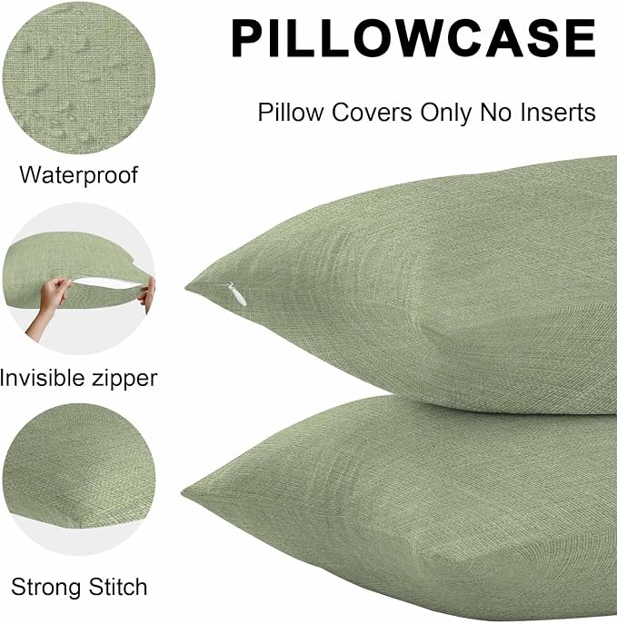 Pack of 2 Waterproof Outdoor Pillow Covers 24x24 Inch Decorative Pillow Covers Vintage Sage Green Throw Pillowcases Farmhouse Retro Beige Solid Color Outdoor Cushion Cover for Couch, Patio, Tent