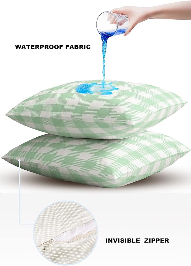 Outdoor Waterproof Throw Pillow Covers Set of 2 Light Green Buffalo Check Plaid Pillowcases 20x20 Inches Farmhouse Style Patio Decorative Pillows Cushion Case Patio Pillows for Couch Bed Chair Garden