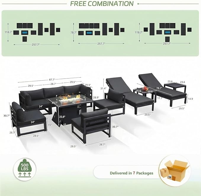 RADIATA Outdoor Aluminum Patio Furniture with Fire Pit Table, Modern Outdoor Patio Furniture Set 11 Pieces, Gray Frame Wide Seat Oversized Sectional Conversation Set for Poolside, Backyard, Grey