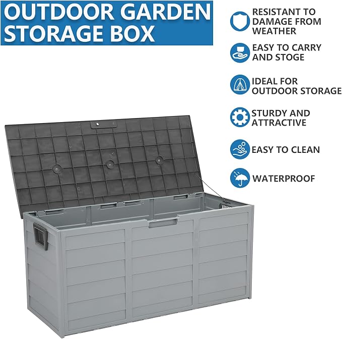 Vasitelan 75 Gallon Outdoor Storage Box, Lockable Plastic Storage Containers with Lid, Patio Deck Box Furniture for Garden, Pool, Balcony, Yard (Gray)