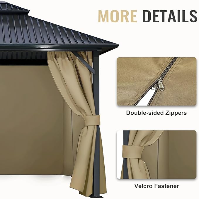 COWVIE 4-Panel 12' x 14' Gazebo Replacement Curtains, Patio Privacy Sidewalls with Double Zipper, Replacement for Outdoor Gazebo Canopy-Khaki
