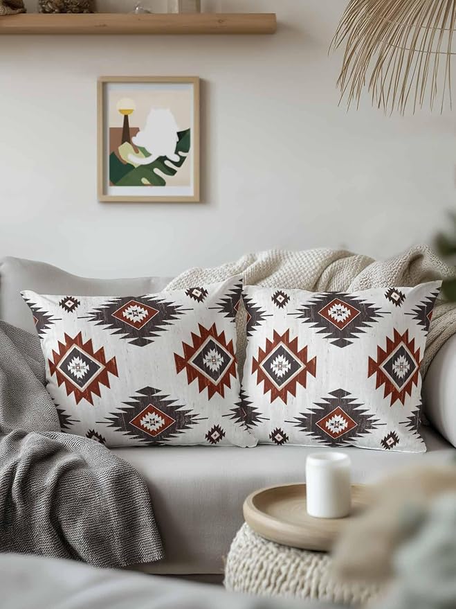 Waterproof Outdoor Pillow 1 Pack Red Brown Boho Aztec Decorative Throw Pillows Cover & Insert 16x16 Inch Pillowcase Southwest Tribal Style Pillows for Couch Sofa Bed Patio Furniture Indoor Outdoor