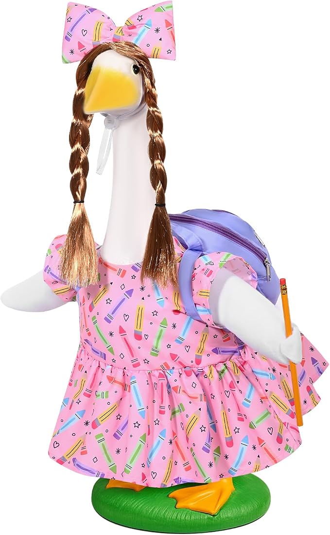 JcHrmers Back to School Goose Outfit Crayon and Pencil Goose Clothes Fits 23" Cement Plastic Geese Statue for School Classroom Outdoor Garden Yard Patio Statue Art Decor (Pink)