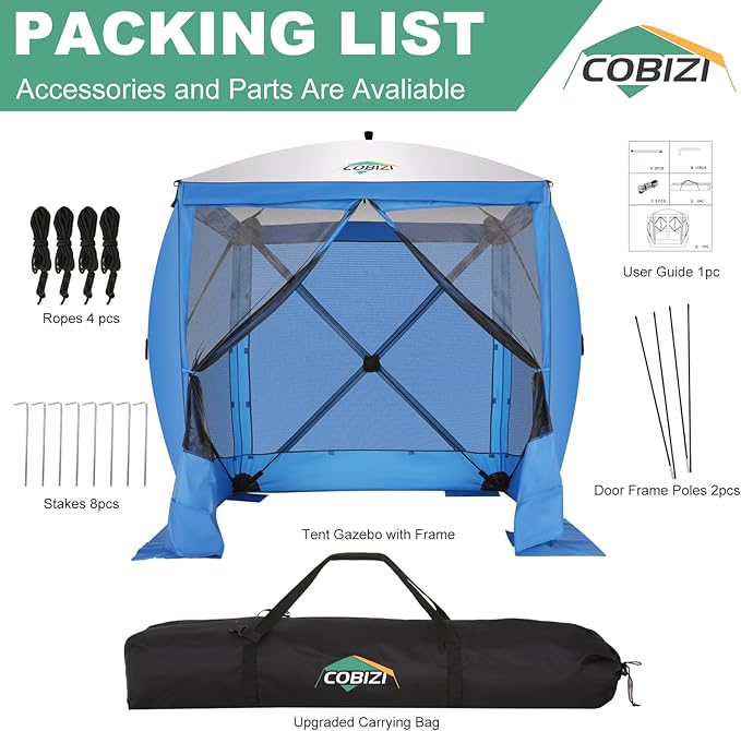 COBIZI 6x6 FT Pop up Gazebo, Popup Canopy Tent, Screened in Gazebos with sidewalls, Waterproof Portable Outdoor Small Screen Tents Sun Shelter,carpas para Patio for Camping, Garden and Backyard,Blue