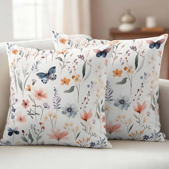 Spring Flower Butterfly Outdoor Waterproof Throw Pillow Covers Set of 2, 24"x24", Retro Watercolor Floral Leaf Decorative Pillow Covers Outside Cushion Case for Patio Porch Garden