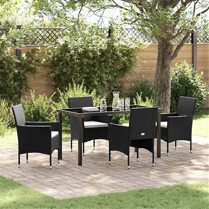 Afuera Living 5 Piece Patio Dining Set, Poly Rattan and Tempered Glass, Black Finish, Weather-Resistant Cushions, Powder-Coated Steel Frame, Modern Style Outdoor Furniture for Garden, Deck, or
