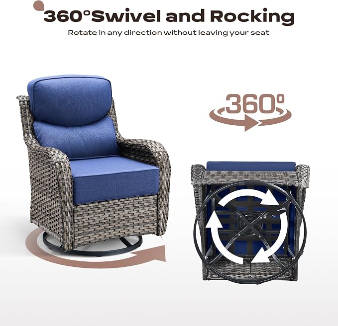 Rilyson Outdoor Patio Furniture Set - Weather Resistant Wicker,High Back,6 inch Cushions,4 Piece Patio Furniture Set with Swivel Rocker Chairs and Ottomans for Deck Porch Yard,Mixed Grey/Blue