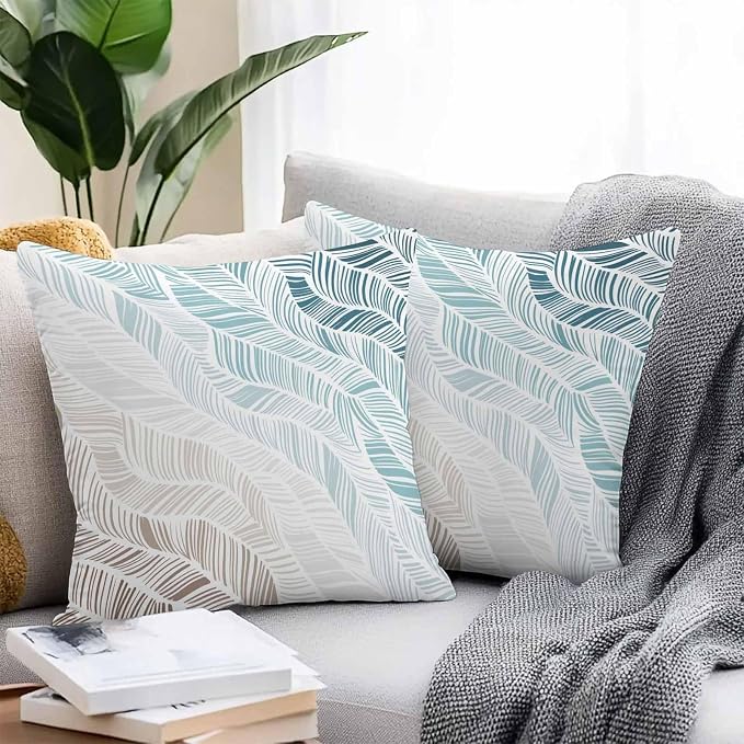 Vandarllin Outdoor Throw Pillows Covers 18x18 inch Set of 2 Waterproof Summer Beach Decorative Zippered Cushion Covers for Patio Furniture, Ombre Blue Abstract Leaf Lines Lumbar Pillowcases