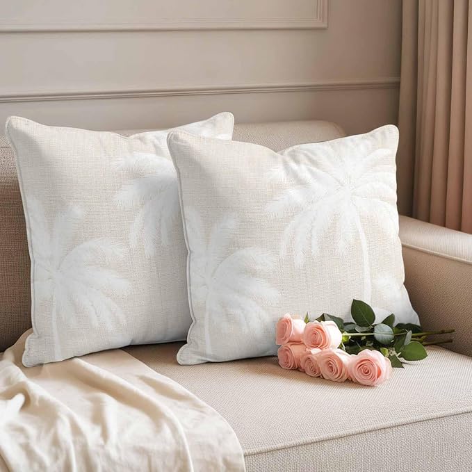 Outdoor Pillow Covers 18x18 Inch Set of 2, Cream Palm Trees Waterproof Throw Pillow Covers, Farmhouse Tropical Summer Beach Decorative Cushion Pillowcases for Couch, Sofa, Bed, Garden, Patio
