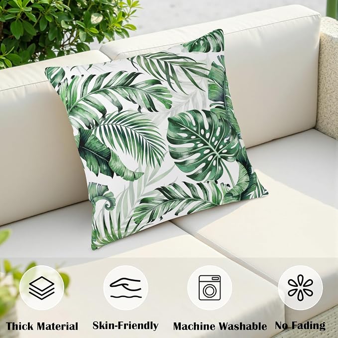 Palm Leaf Pillow Covers Tropical Monstera Leaves Throw Pillow Covers 18x18 Set of 2 Hawaiian Green Pillow Cases Summer Banana Tree Outdoor Cushion Cases for Home Farmhouse Garden