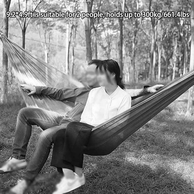 Summer Breathable Ice Silk Hammock, Outdoor Portable Double Hanging Bed, Park Leisure Swing with Straps, Load Bearing 300kg/661.4lbs(Military Green)