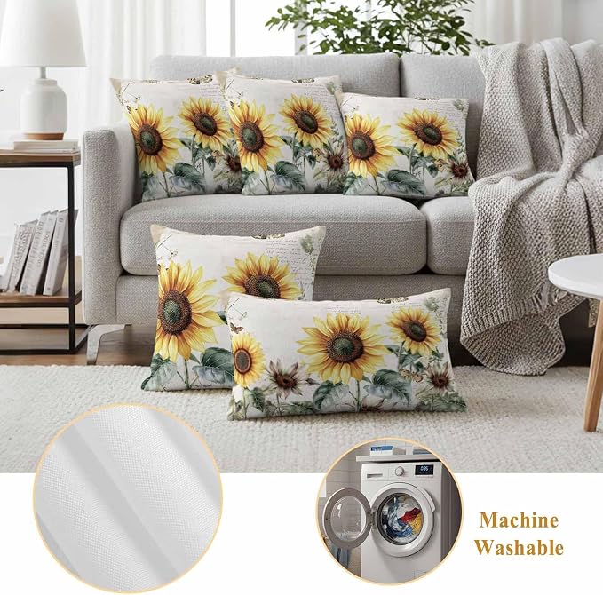 Vintage Yellow Sunflowers Outdoor Waterproof Throw Pillow Covers Set of 2, 20"x12", American Pastoral Style Decorative Pillow Covers Outside Cushion Case for Patio Porch Garden