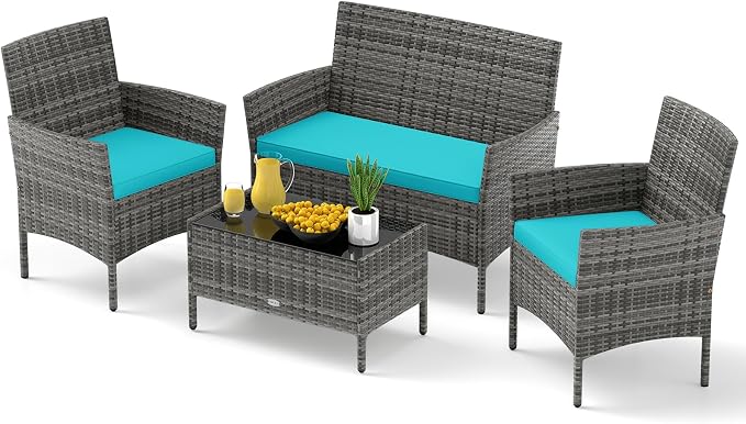 RELAX4LIFE 4-Piece Patio Furniture Set - Rattan Outdoor Conversation Bistro Set w/Cushions, Glass Coffee Table, Wicker Chairs & Loveseat for Garden Backyard Porch Balcony (1, Mix Grey-Turquoise)