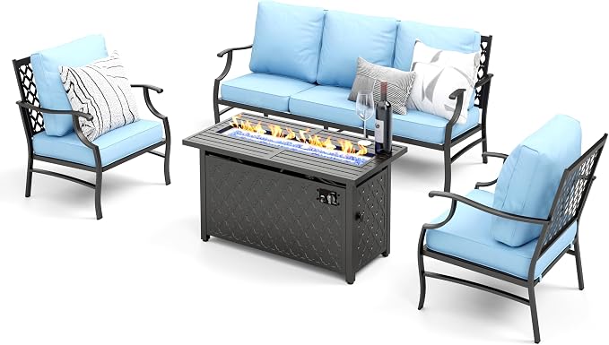 MIXPATIO Patio Furniture Set with Firepit Table, 4 Pcs Metal Outdoor Conversation Set, 2 Single Chairs and 3 Seater Sofa with 5.75" Extra Thick Cushion and Gas Fire Pit Table for Backyard Deck, Blue