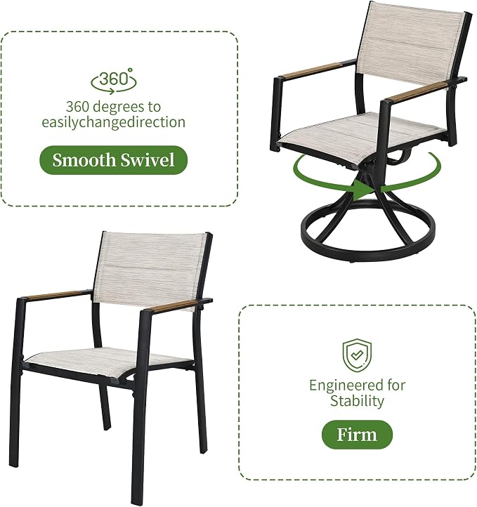Outdoor Patio Dining Chairs Set of 2, Light Weight Aluminum Frame with Textilene Fabric & Wood-like Armrest, 275 LBS Capacity, Outdoor Stackable Chairs for Poolside Lawn Garden, Brown Armrest