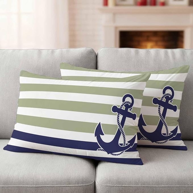 Lumbar Pillow Covers 20x12 Inch Set of 2, Striped Anchor Waterproof Outdoor Cushion Covers, Navy Blue Nautical Sage Green Geometric Decorative Pillowcases for Couch, Sofa, Bed, Garden, Patio