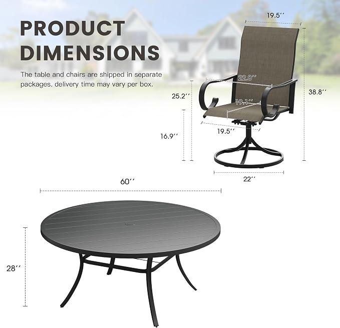 9 Pieces Patio Dining Set, 8 Outdoor Swivel Dining Chairs with 60" Round Metal Outdoor Dining Table with Umbrella Hole for Garden Backyard Deck, Mixed Brown & Black