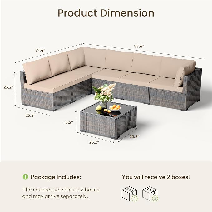 Patio Furniture Set - All-Weather - 7 Piece Patio Outdoor Conversation Set, Modular Wicker Rattan Sectional Sofa for Backyard, Garden, Poolside, Balcony, Porch, Patio, Brown/Khaki