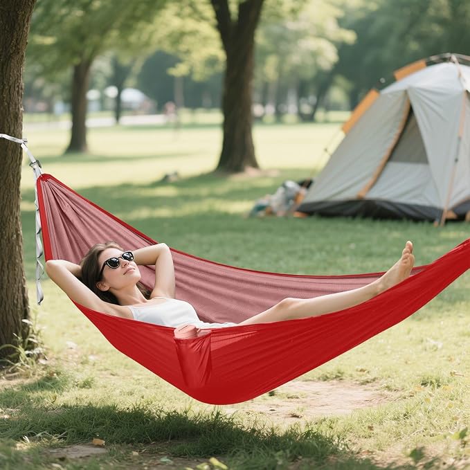 Crimson Red Solid Color Camping Hammock, Portable Lightweight Single Hammock with Tree Straps and Aluminum Carabiners, 114" x 54" Travel Hammock for Hiking Backpacking Beach