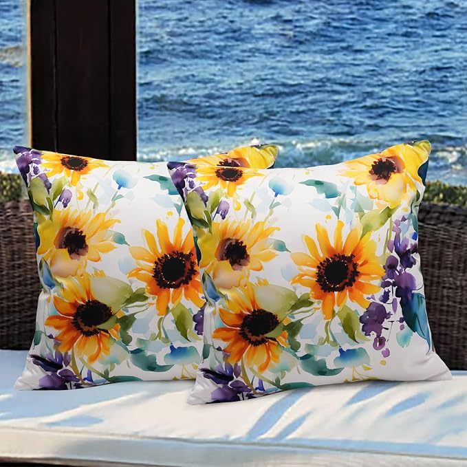 Pack of 2 Waterproof Outdoor Pillow Covers 18x18 Inch Spring Summer Sunflower Pillow Covers Decorative Square Patio Pillows Outdoor Pillows Covers for Patio Furniture Garden(No Pillow Insert)