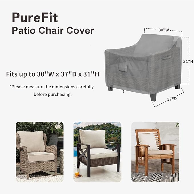 PureFit Outdoor Chair Covers Waterproof Patio Furniture Lawn Chair Covers for Outdoor Furniture with Air Vent and Padded Handles, Fits up to 30W x 37D x 31H Inches, Gray