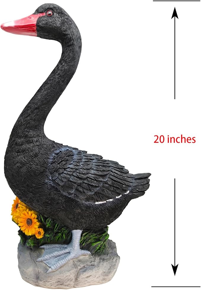 Porch Goose Statue Black Cygnus, Big Resin Garden Lawn Yard Décor, Sculpture, 20 inches High Figurine, Duck, Indoor and Outdoor, by GGTown TM