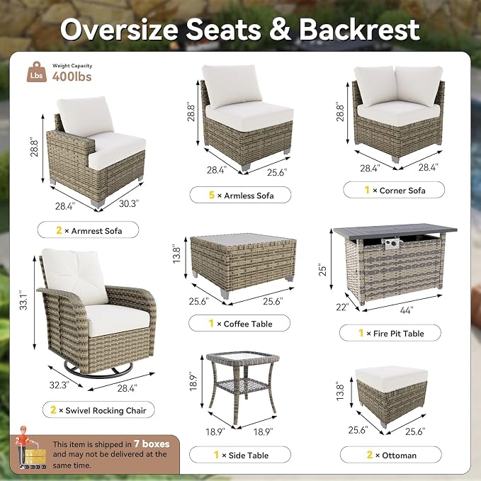 LazySunsets Luxury Patio Furniture Set with Fire Pit Table, All-Weather Patio Sectional Sofas with Thickened Cushions, 15 Piece Outdoor Furniture Set with Swivel Rocker Chairs & Ottomans, Beige