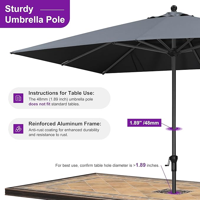 PURPLE LEAF 10' x 8' Rectangle Patio Market Umbrella with Base Outdoor Table Umbrellas Aluminum Frame Sun Shade with 8 Sturdy Ribs for Garden Deck Lawn Pool Gray