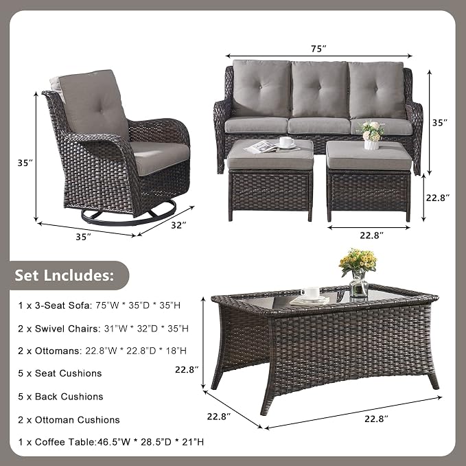 Rilyson 6 Piece Outdoor Patio Furniture Set - Rattan Wicker Patio Conversation Sets with 2 Swivel Rocker Chairs,2 Ottomans,1 Sofa and 1 Coffee Table for Outside Porch Deck Backyard(Brown/Grey)