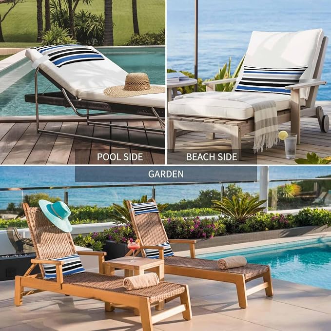 Navy Blue Black Stripe Outdoor Pillows for Chaise Lounge Chair Beach Headrest Pillow Set of 2 Waterproof Lumbar Pillows with Insert Modern Abstract Coarse Striped Neck Pillow for Patio Pool 11"x16"