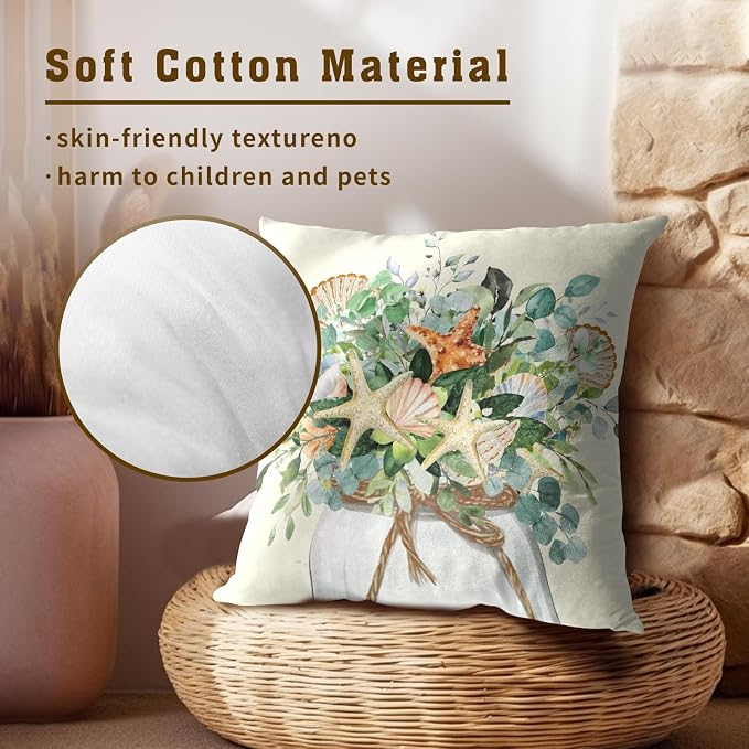 Summer Eucalyptus Coastal Pillow Covers 20x20 Set of 2 - Beach Starfish Flowers Jar Seasonal Decorative Cushion Cover Cotton Linen Pillowcase for Living Room Bedding Sofa Couch
