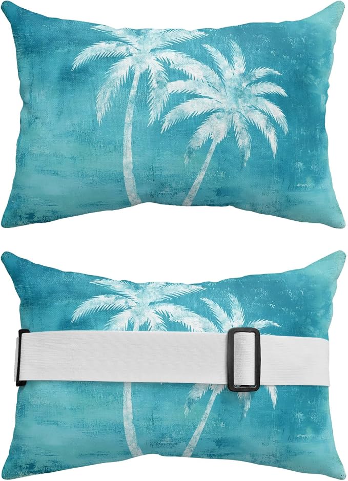 Palm Trees Tropical Outdoor Pillows for Chaise Lounge Chair Beach Headrest Pillow Set of 2 Waterproof Lumbar Pillows with Insert&Strap Shabby Teal Summer Coastal Recliner Pool Pillow 11"x16"