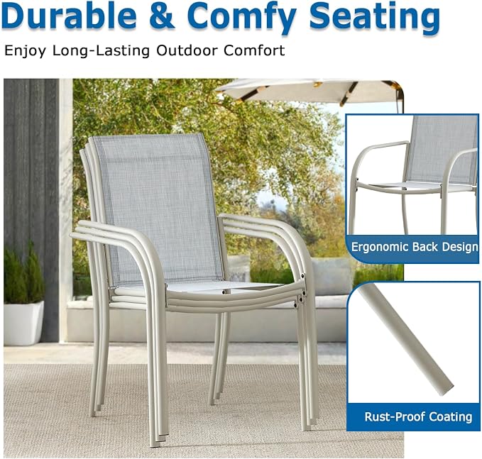 5 Piece Patio Dining Set for 4, 42” Honey Oak Round Table with Umbrella Hole and 4 Beige Blue Patio Stackable Chairs, Patio Table and Chairs for Backyard, Lawn, Deck & Garden