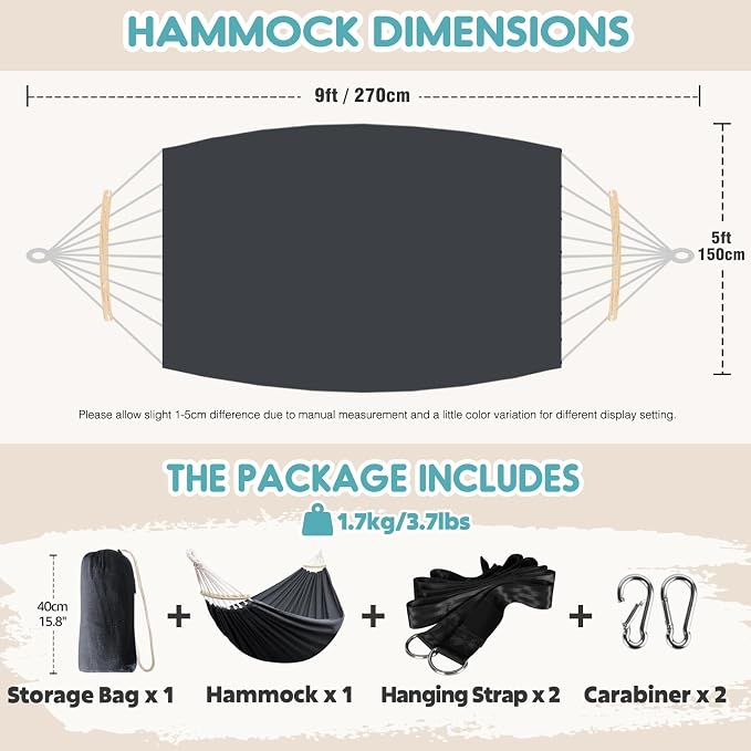 ANYOO Portable Camping Hammock Cotton Hammocks with Spreader Bar Outdoor | Sturdy Lightweight Hammocks Up to 450lbs with Carry Bag