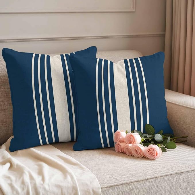 Throw Pillow Covers 24x24 Inch Set of 2, Navy Blue Beige Striped Waterproof Outdoor Cushion Covers, Modern Farmhouse Retro Lines Decorative Pillowcases for Couch, Sofa, Bed, Garden, Patio