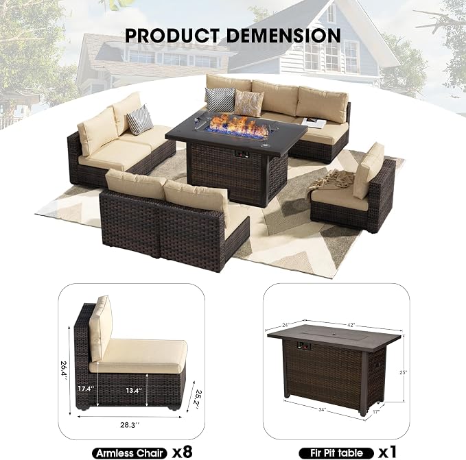 Patio Furniture Set Fire Pit Table 9 Piece All Weather PE Rattan Outdoor Sectional Sofa Couch with 8 x armless Sofa, No-Slip Cushions for Garden, Poolside, Backyard (Beige)