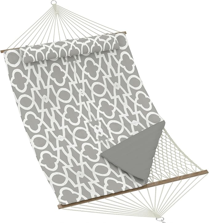 Garvee 2 Person Outdoor Hammock with Stand, Cotton Rope Hammock with Polyester Pad, Adjustable Steel Frame, 2-in-1 Hammock for Patio, Backyard, Garden, Beach（Light Gray Stripes）