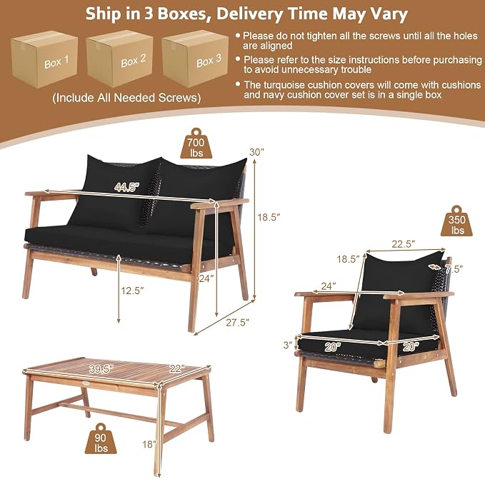 COSTWAY 4 Pieces Acacia Wood Patio Conversation Set, Outdoor Wicker Sofa with Coffee Table & Cushions, Patio Rattan Furniture Set for Yard, Porch, Poolside, Balcony, Backyard, Black & Turquoise