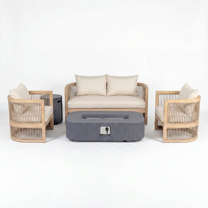 Christopher Knight Home Eden 5 Piece Patio Furniture Set with MGO Fire Pit + Tank Holder, 4-Seater Outdoor Acacia Wood Conversation Set with Cushions and Rectangular Fire Table, Light Teak+Beige+Gray