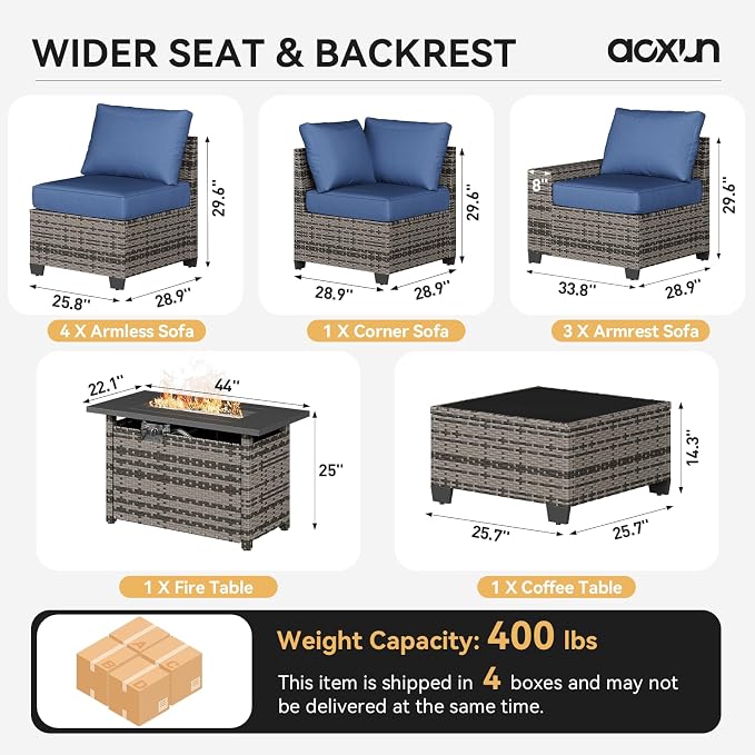 Aoxun 10-Piece Sectional Sofa with 44" Fire Pit, 4" Thicken Cushion, Widen Armrests Wicker for Backyard with Coffee Table, Blue