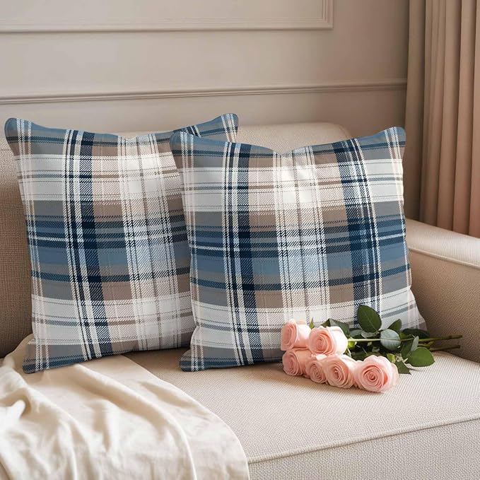 Outdoor Waterproof Throw Pillow Covers Set of 2 Blue Brown Buffalo Plaid Pillowcases 18x18 Inches Check Plaid Decorative Pillows Cushion Case Patio Pillows for Couch Bed Chair Garden