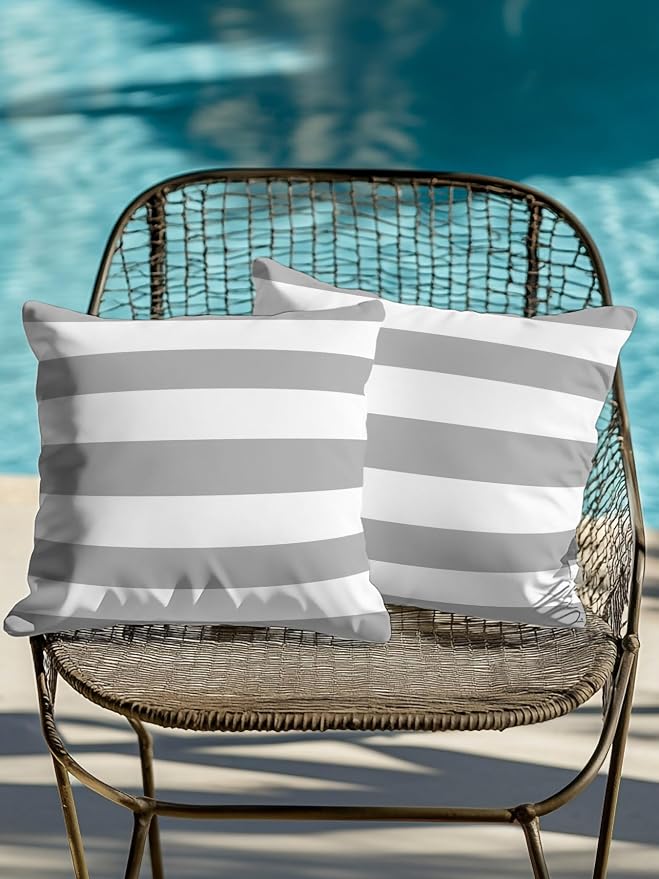 Waterproof Outdoor Pillow Set of 2 Grey White Stripe Decorative Throw Pillows Cover & Insert 16x16 Inch Pillowcase Simple Style Striped Square Pillows for Couch Sofa Bed Patio Furniture Indoor Outdoor