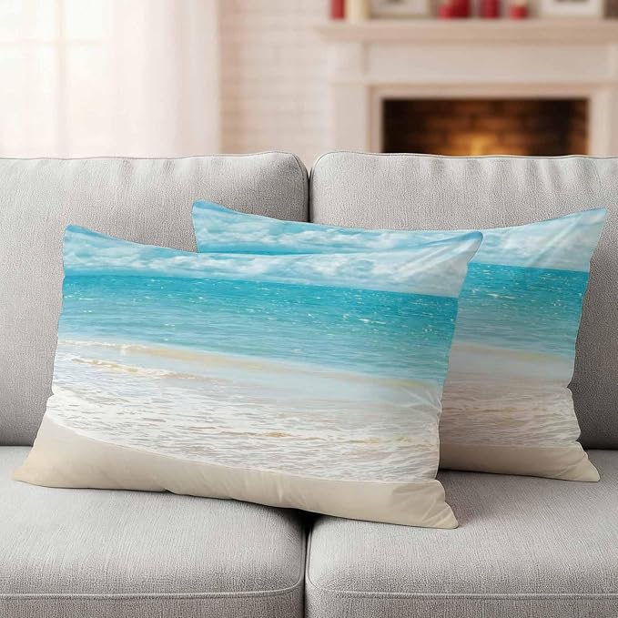 Yukro Coastal Ocean Outdoor Waterproof Pillow Covers Pack of 2, Ocean Waves Beach Sea Shore Throw Pillowcases Decorative Cushion Covers for Garden Patio Tent Sofa Couch, 20x12 inch