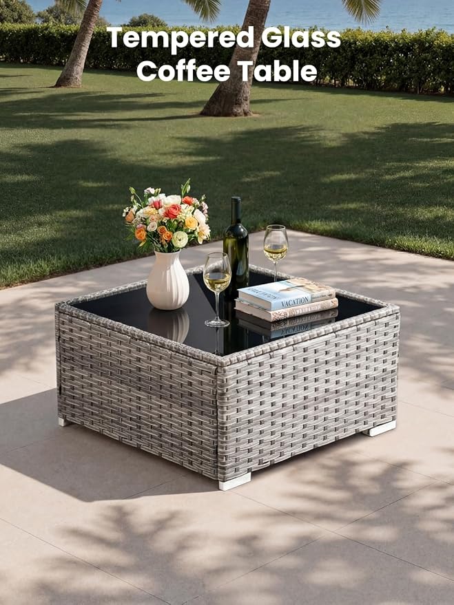 ovios Outdoor 8 Piece Patio Furniture Set with Fire Pit Table,Conversation Sectional Wicker Couch with Coffee Table,Modern Outside Sofa for Balcony Backyard, Blue